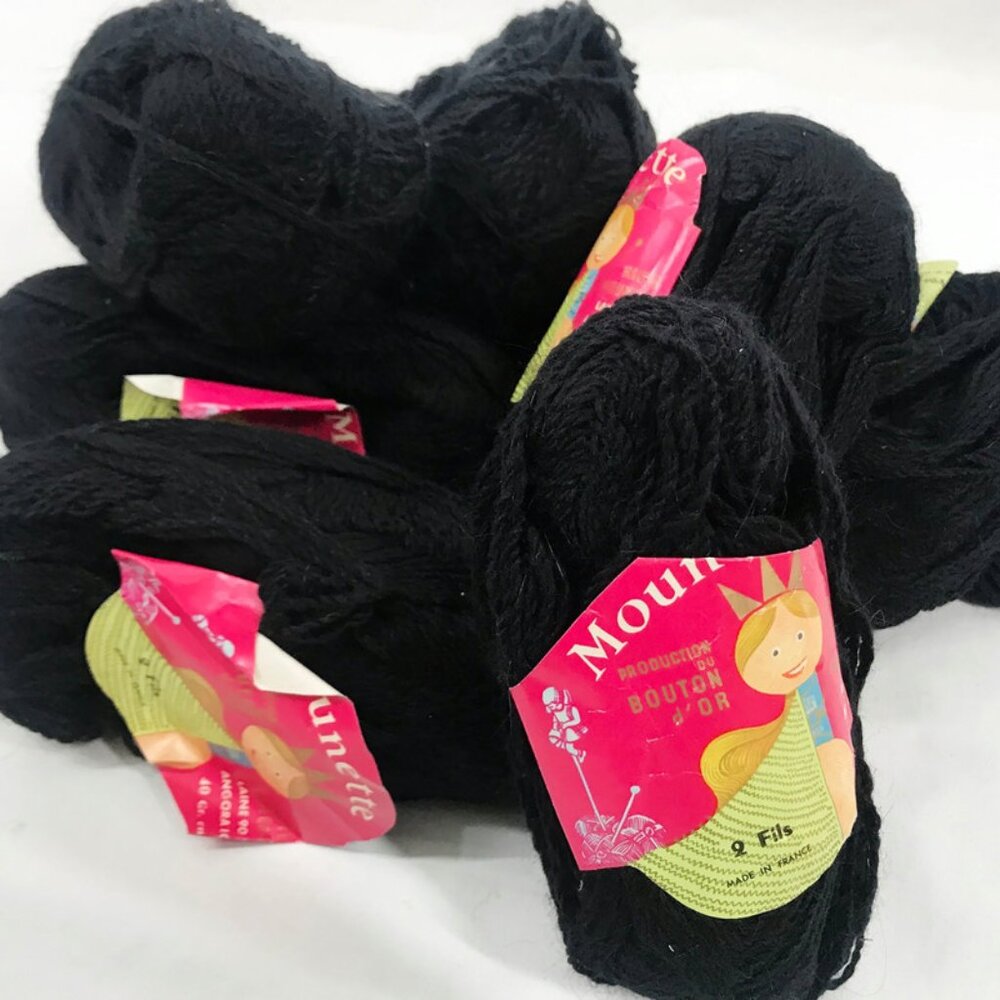 Vintage Mounette Bouton D'or Wool Angora Black 6 balls yarn
